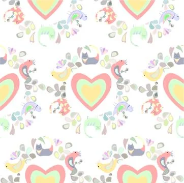 Pattern of cats, birds, leaves and flovers, colored hearts Stock Illustration