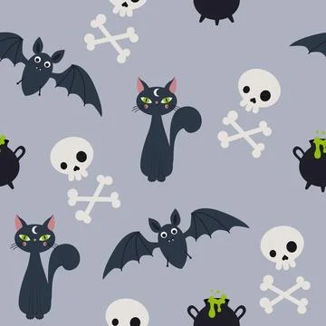 Pattern with cats, skulls and bats for Halloween Stock Illustration