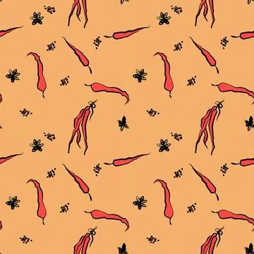 Pattern with cayenne spice pepper and spices on orange background Ilustración de archivo