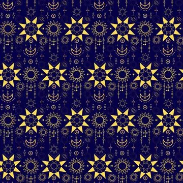 Pattern with celestial astronomical elements sun moon and stars. Mystic esoteric Illustrazione stock