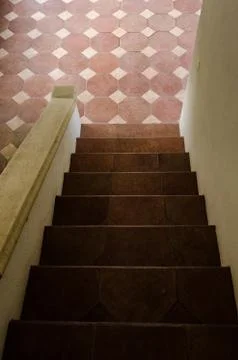 Pattern of cement steps with a background of a house. concept of ascending in Stock Photos