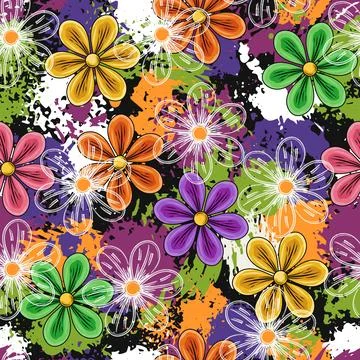 Pattern with chamomile flowers, paint splatter Stock Illustration