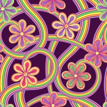 Pattern with chamomile, striped psychedelic waves Illustrazione stock