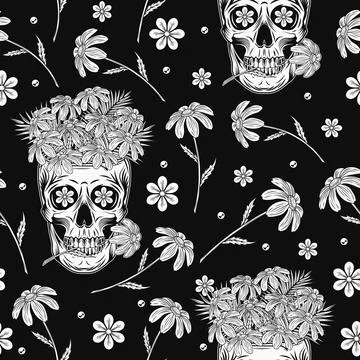 Pattern with chamomiles, human skull Stock Illustration
