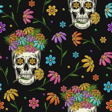 Pattern with chamomiles, human skull Stock Illustration