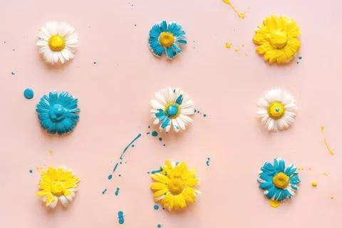 Pattern of chamomiles painted blue and yellow paints Stock Photos