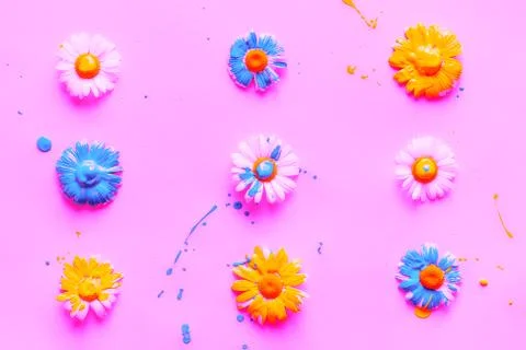 Pattern of chamomiles painted blue and yellow paints Stock Photos