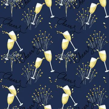 Pattern with champagne and fireworks Stock Illustration
