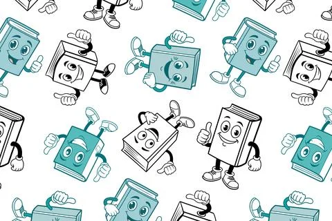 Pattern of cheerful book characters in teal and black and white, giving thumb Stock Illustration