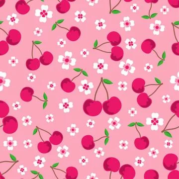 Pattern with cherries and flowers Illustrazione stock