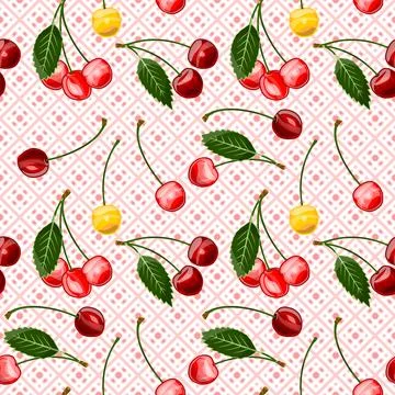 Pattern cherries on a checkered tablecloth Ilustração Stock