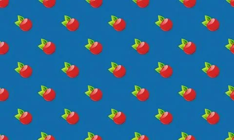 Pattern of cherries with green leaves on blue background Stock Illustration