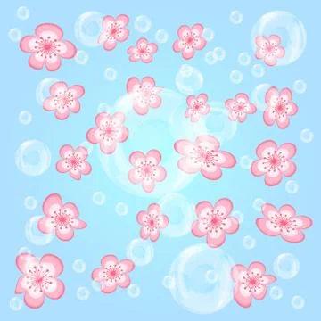 Pattern cherry blossoms with bubbles on a blue background. Stock Illustration