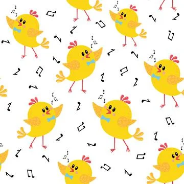 Pattern of chickens singing on a white background Stock Illustration