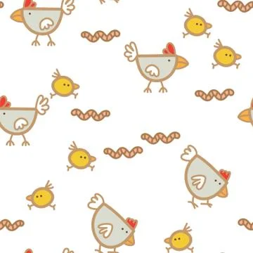 Pattern chickens walking and pecking worms background. Chicken pattern Illustrazione stock