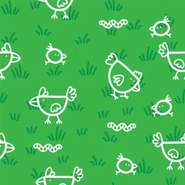 Pattern chickens walking on grass and pecking worms on green background. Chicken Stock Illustration