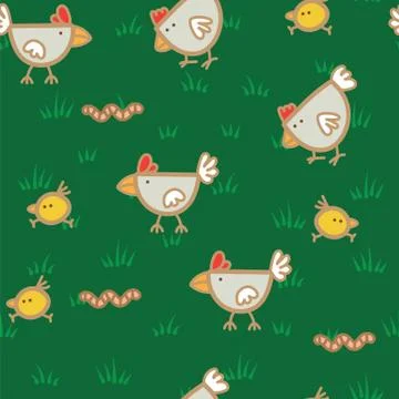 Pattern chickens walking on green grass and pecking worms background. Chicken Illustrazione stock