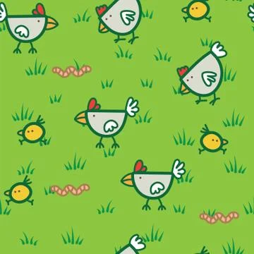 Pattern chickens walking on green grass and pecking worms background. Chicken Stock Illustration