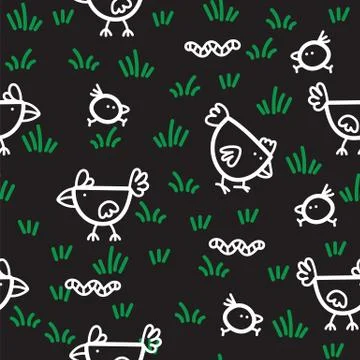 Pattern chickens walking on green grass and pecking worms on black background Stock Illustration