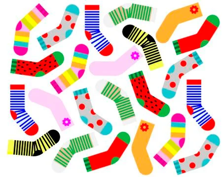 Pattern of children's colorful socks on a white background. Vector illustrati Stock Illustration