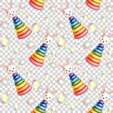 Pattern children's pyramid and soap bubbles in watercolor Stockillustratie