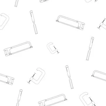 Pattern of chisel, clamp, metal hacksaw. Linear design. On a white background Stock Illustration