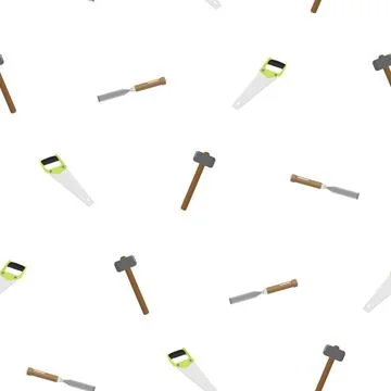 Pattern of chisel with a wooden handle, hand saw on wood and hammer with wooden Stock Illustration