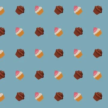 Pattern of chocolate and white cupcakes on a blue background. Stock Illustration