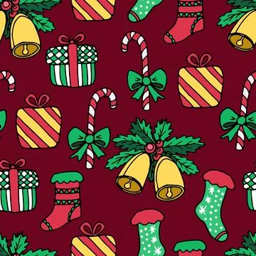 Pattern of Christmas decorations on a burgundy Stock Illustration