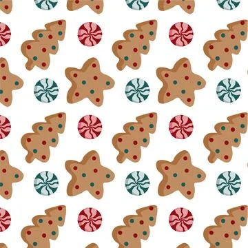 Pattern Christmas with gingerbread in form of a tree and star, lollipops Stock Illustration
