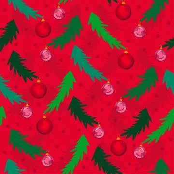A pattern with Christmas tree branches and balls on a red background. Stock Illustration