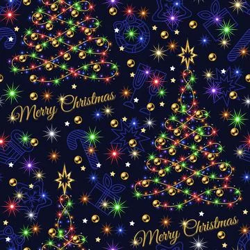 Pattern with christmas tree, festive garland, colorful lights, stars, sparkle Stock Illustration