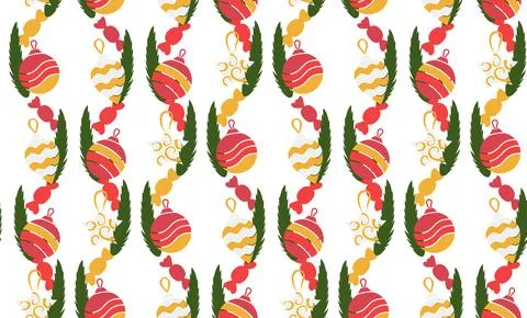 Pattern with Christmas tree toys, pine branches, candies. Holiday decorations - Stock Illustration