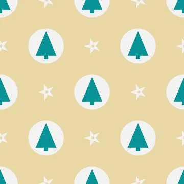 A pattern of Christmas trees and stars is displayed on a tan background Stock Illustration