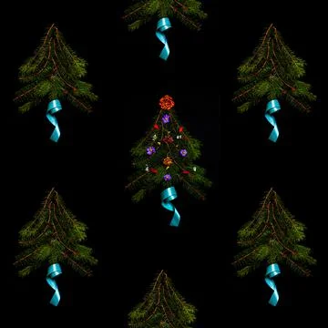 Pattern of Christmas trees on a black background, photography Repeating eleme Фото