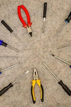 Pattern circle design building foundation background set of screwdrivers nipp Stock Photos
