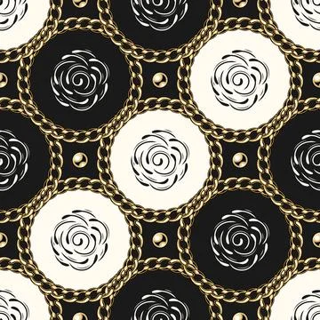 Pattern with circles, chain, beads, roses Stock Illustration