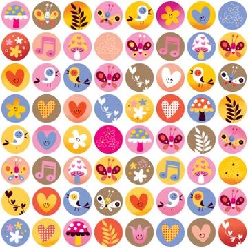Pattern circles cute hearts birds flowers mushrooms nature design elements 스톡 일러스트