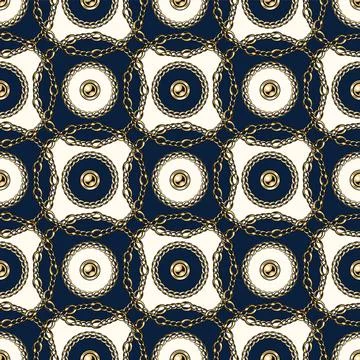 Pattern with circles of gold chains, beads. Stock Illustration