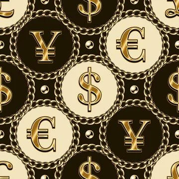 Pattern with circles, gold chains, currency signs Stock Illustration
