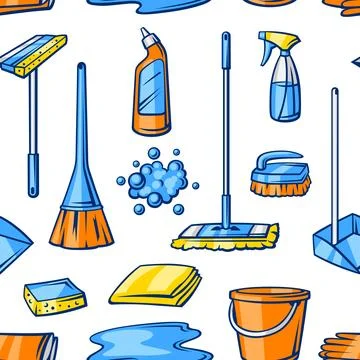 Pattern with cleaning items. Housekeeping background for service and advertising Stock Illustration