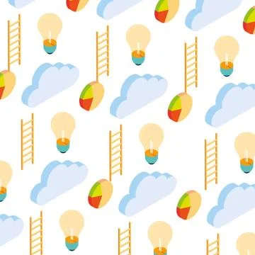 Pattern of cloud with stairs and pie chart on white background Stock Illustration