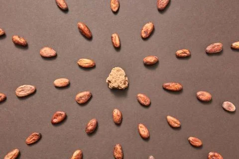 Pattern from cocoa beans and mass in the middle of set. Foto stock