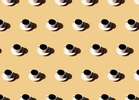 Pattern of coffee cup and plate, shadow of sun on beige terracotta background 스톡 사진