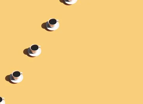 Pattern of coffee cup and plate, shadow of sun on beige terracotta background 스톡 사진
