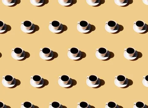  Pattern of coffee cup and plate, shadow of sun on beige terracotta backgr... 스톡 사진