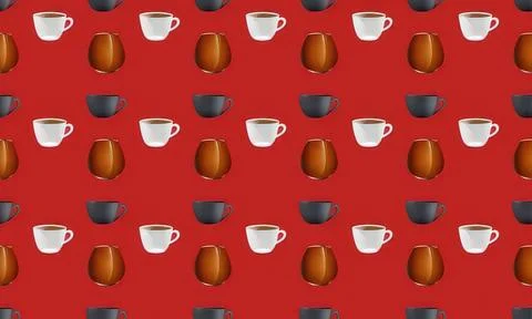 Pattern of coffee cups and chocolate eggs on red background Stock Illustration