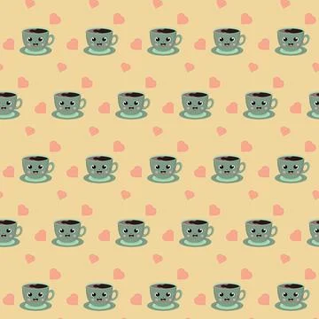 Pattern of coffee cups and hearts in kawaii style Stock Illustration