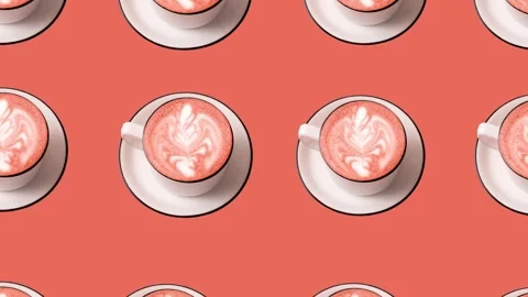 Pattern with coffee cups on red paper background ,slow motion 4k video. Stock Footage 243217520