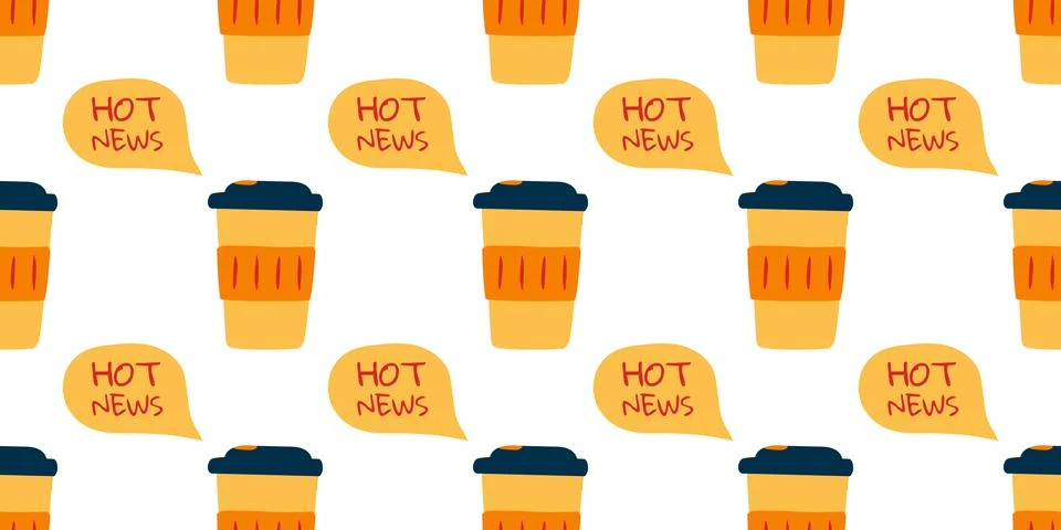 Pattern Coffee disposable cup and bubble with text Hot News. Seamless print with Stock Illustration